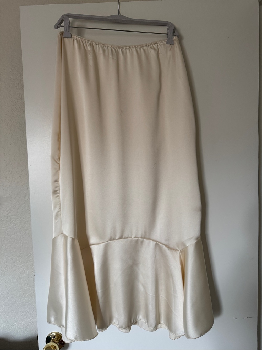 Kimchi Blue Cream Satin Midi Skirt with Flounce Hem